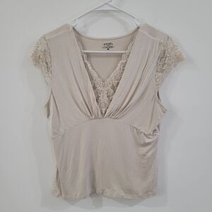 Y2K Womens Babydoll Top Size Medium Tan Lace Fairy Preppy‎ 2000s